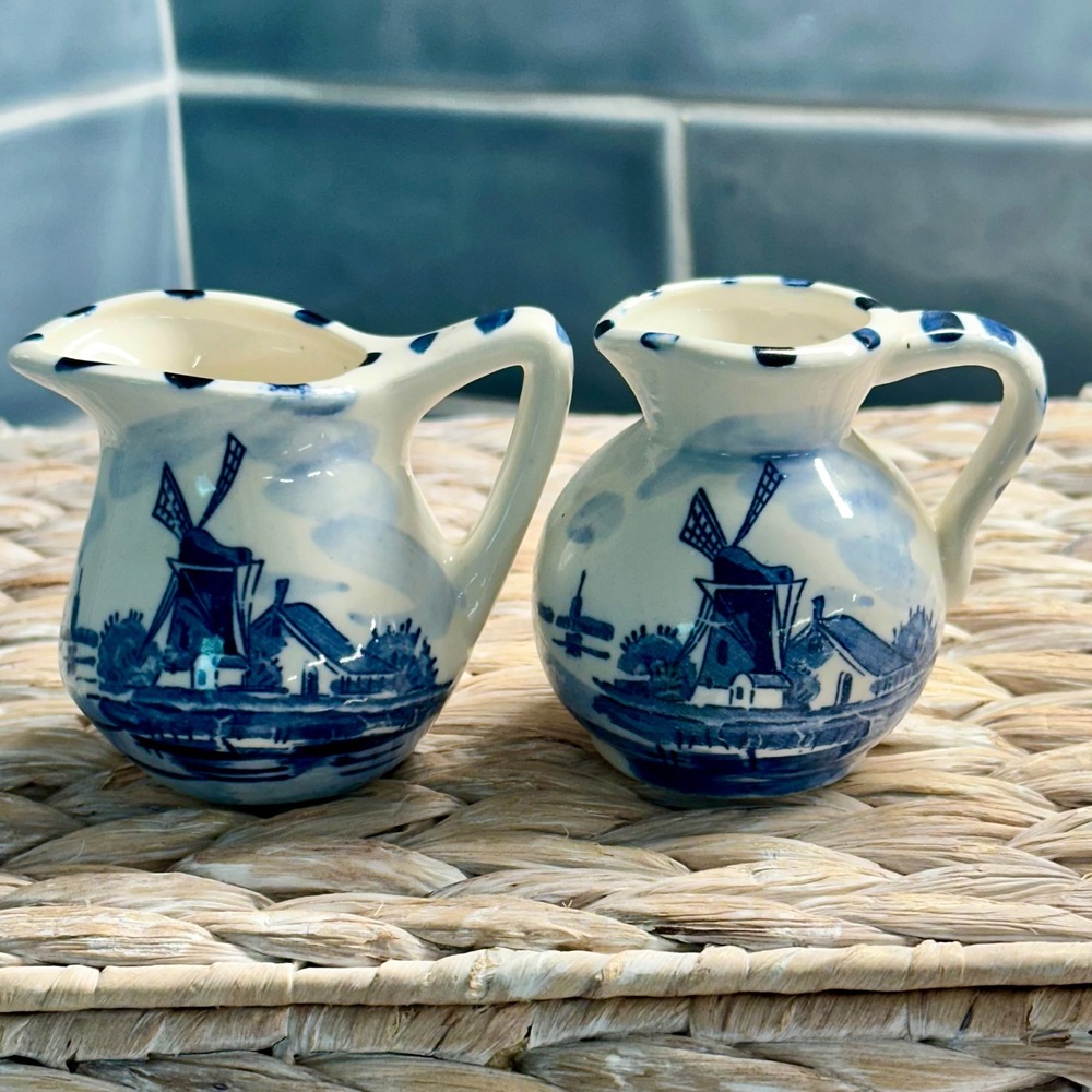 2 Vintage Delft Blue & White‎ Windmill Miniature Creamer Pitchers Made in Japan